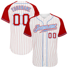 Laden Sie das Bild in den Galerie-Viewer, Custom White Red Pinstripe Red-Light Blue Authentic Raglan Sleeves Baseball Jersey