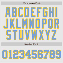 Laden Sie das Bild in den Galerie-Viewer, Custom White Light Blue Pinstripe Light Blue-Gold Authentic Raglan Sleeves Baseball Jersey