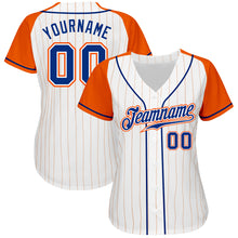 Laden Sie das Bild in den Galerie-Viewer, Custom White Orange Pinstripe Royal-Orange Authentic Raglan Sleeves Baseball Jersey