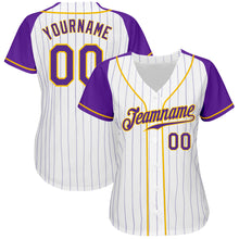 Laden Sie das Bild in den Galerie-Viewer, Custom White Purple Pinstripe Purple-Gold Authentic Raglan Sleeves Baseball Jersey