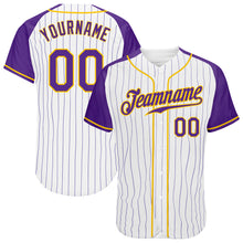 Laden Sie das Bild in den Galerie-Viewer, Custom White Purple Pinstripe Purple-Gold Authentic Raglan Sleeves Baseball Jersey