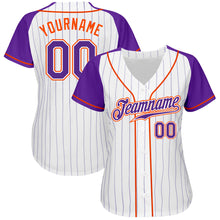Laden Sie das Bild in den Galerie-Viewer, Custom White Purple Pinstripe Purple-Orange Authentic Raglan Sleeves Baseball Jersey