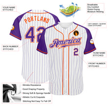 Laden Sie das Bild in den Galerie-Viewer, Custom White Purple Pinstripe Purple-Orange Authentic Raglan Sleeves Baseball Jersey
