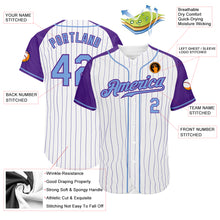 Laden Sie das Bild in den Galerie-Viewer, Custom White Purple Pinstripe Light Blue-Purple Authentic Raglan Sleeves Baseball Jersey