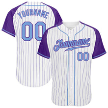 Laden Sie das Bild in den Galerie-Viewer, Custom White Purple Pinstripe Light Blue-Purple Authentic Raglan Sleeves Baseball Jersey