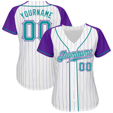 Laden Sie das Bild in den Galerie-Viewer, Custom White Purple Pinstripe Teal-Purple Authentic Raglan Sleeves Baseball Jersey