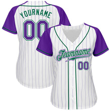 Laden Sie das Bild in den Galerie-Viewer, Custom White Purple Pinstripe Purple-Kelly Green Authentic Raglan Sleeves Baseball Jersey