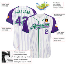 Laden Sie das Bild in den Galerie-Viewer, Custom White Purple Pinstripe Purple-Kelly Green Authentic Raglan Sleeves Baseball Jersey