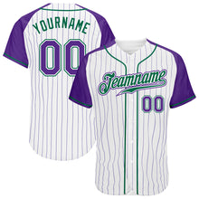 Laden Sie das Bild in den Galerie-Viewer, Custom White Purple Pinstripe Purple-Kelly Green Authentic Raglan Sleeves Baseball Jersey