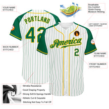 Laden Sie das Bild in den Galerie-Viewer, Custom White Kelly Green Pinstripe Kelly Green-Gold Authentic Raglan Sleeves Baseball Jersey