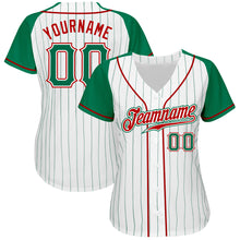 Laden Sie das Bild in den Galerie-Viewer, Custom White Kelly Green Pinstripe Kelly Green-Red Authentic Raglan Sleeves Baseball Jersey