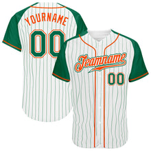 Laden Sie das Bild in den Galerie-Viewer, Custom White Kelly Green Pinstripe Kelly Green-Orange Authentic Raglan Sleeves Baseball Jersey