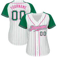 Laden Sie das Bild in den Galerie-Viewer, Custom White Kelly Green Pinstripe Kelly Green-Pink Authentic Raglan Sleeves Baseball Jersey