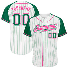 Laden Sie das Bild in den Galerie-Viewer, Custom White Kelly Green Pinstripe Kelly Green-Pink Authentic Raglan Sleeves Baseball Jersey