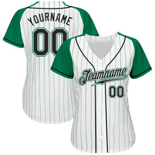 Laden Sie das Bild in den Galerie-Viewer, Custom White Kelly Green Pinstripe Black-Kelly Green Authentic Raglan Sleeves Baseball Jersey