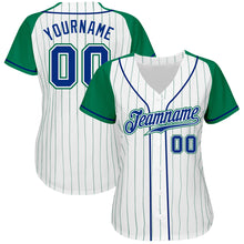 Laden Sie das Bild in den Galerie-Viewer, Custom White Kelly Green Pinstripe Royal-Kelly Green Authentic Raglan Sleeves Baseball Jersey