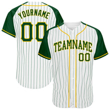 Laden Sie das Bild in den Galerie-Viewer, Custom White Green Pinstripe Green-Gold Authentic Raglan Sleeves Baseball Jersey