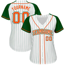 Laden Sie das Bild in den Galerie-Viewer, Custom White Green Pinstripe Orange-Green Authentic Raglan Sleeves Baseball Jersey