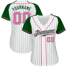 Laden Sie das Bild in den Galerie-Viewer, Custom White Green Pinstripe Pink-Green Authentic Raglan Sleeves Baseball Jersey