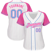 Laden Sie das Bild in den Galerie-Viewer, Custom White Pink Pinstripe Light Blue-Pink Authentic Raglan Sleeves Baseball Jersey