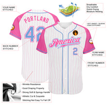 Laden Sie das Bild in den Galerie-Viewer, Custom White Pink Pinstripe Light Blue-Pink Authentic Raglan Sleeves Baseball Jersey