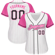 Laden Sie das Bild in den Galerie-Viewer, Custom White Pink Pinstripe Black-Pink Authentic Raglan Sleeves Baseball Jersey