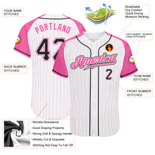 Laden Sie das Bild in den Galerie-Viewer, Custom White Pink Pinstripe Black-Pink Authentic Raglan Sleeves Baseball Jersey
