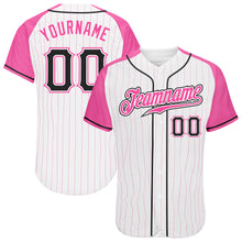 Laden Sie das Bild in den Galerie-Viewer, Custom White Pink Pinstripe Black-Pink Authentic Raglan Sleeves Baseball Jersey