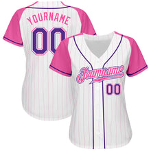 Laden Sie das Bild in den Galerie-Viewer, Custom White Pink Pinstripe Purple-Pink Authentic Raglan Sleeves Baseball Jersey