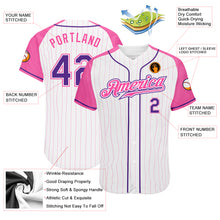 Laden Sie das Bild in den Galerie-Viewer, Custom White Pink Pinstripe Purple-Pink Authentic Raglan Sleeves Baseball Jersey
