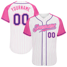 Laden Sie das Bild in den Galerie-Viewer, Custom White Pink Pinstripe Purple-Pink Authentic Raglan Sleeves Baseball Jersey
