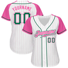 Laden Sie das Bild in den Galerie-Viewer, Custom White Pink Pinstripe Kelly Green-Pink Authentic Raglan Sleeves Baseball Jersey
