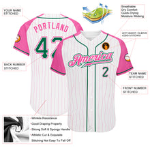 Laden Sie das Bild in den Galerie-Viewer, Custom White Pink Pinstripe Kelly Green-Pink Authentic Raglan Sleeves Baseball Jersey