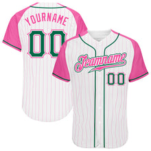 Laden Sie das Bild in den Galerie-Viewer, Custom White Pink Pinstripe Kelly Green-Pink Authentic Raglan Sleeves Baseball Jersey