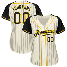 Load image into Gallery viewer, Custom Cream Black Pinstripe Black-Gold Authentic Raglan Sleeves Baseball Jersey