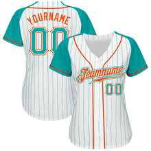 Laden Sie das Bild in den Galerie-Viewer, Custom White Aqua Pinstripe Aqua-Orange Authentic Raglan Sleeves Baseball Jersey