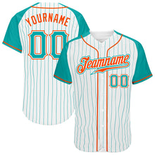 Laden Sie das Bild in den Galerie-Viewer, Custom White Aqua Pinstripe Aqua-Orange Authentic Raglan Sleeves Baseball Jersey