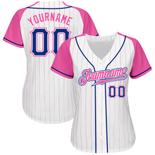 Laden Sie das Bild in den Galerie-Viewer, Custom White Pink Pinstripe Royal-Pink Authentic Raglan Sleeves Baseball Jersey