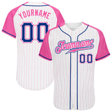 Laden Sie das Bild in den Galerie-Viewer, Custom White Pink Pinstripe Royal-Pink Authentic Raglan Sleeves Baseball Jersey