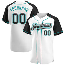 Charger l'image dans la galerie, Custom White Black-Teal Authentic Raglan Sleeves Baseball Jersey