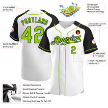 Laden Sie das Bild in den Galerie-Viewer, Custom White Neon Green-Black Authentic Raglan Sleeves Baseball Jersey