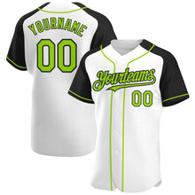 Laden Sie das Bild in den Galerie-Viewer, Custom White Neon Green-Black Authentic Raglan Sleeves Baseball Jersey