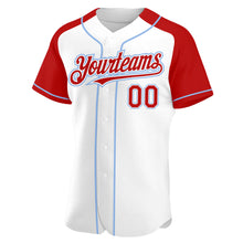 Загрузить изображение в средство просмотра галереи, Custom White Red-Light Blue Authentic Raglan Sleeves Baseball Jersey