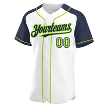 Загрузить изображение в средство просмотра галереи, Custom White Neon Green-Navy Authentic Raglan Sleeves Baseball Jersey
