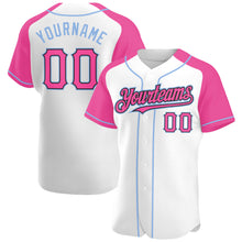 Загрузить изображение в средство просмотра галереи, Custom White Pink Black-Light Blue Authentic Raglan Sleeves Baseball Jersey