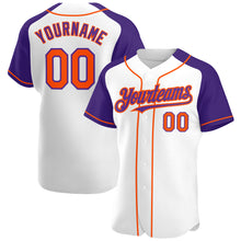 Загрузить изображение в средство просмотра галереи, Custom White Orange-Purple Authentic Raglan Sleeves Baseball Jersey