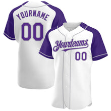 Загрузить изображение в средство просмотра галереи, Custom White Purple-Gray Authentic Raglan Sleeves Baseball Jersey