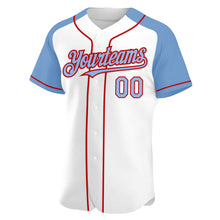 Загрузить изображение в средство просмотра галереи, Custom White Light Blue-Red Authentic Raglan Sleeves Baseball Jersey