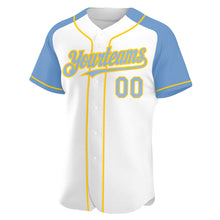 Загрузить изображение в средство просмотра галереи, Custom White Light Blue-Yellow Authentic Raglan Sleeves Baseball Jersey