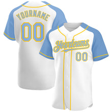 Загрузить изображение в средство просмотра галереи, Custom White Light Blue-Yellow Authentic Raglan Sleeves Baseball Jersey